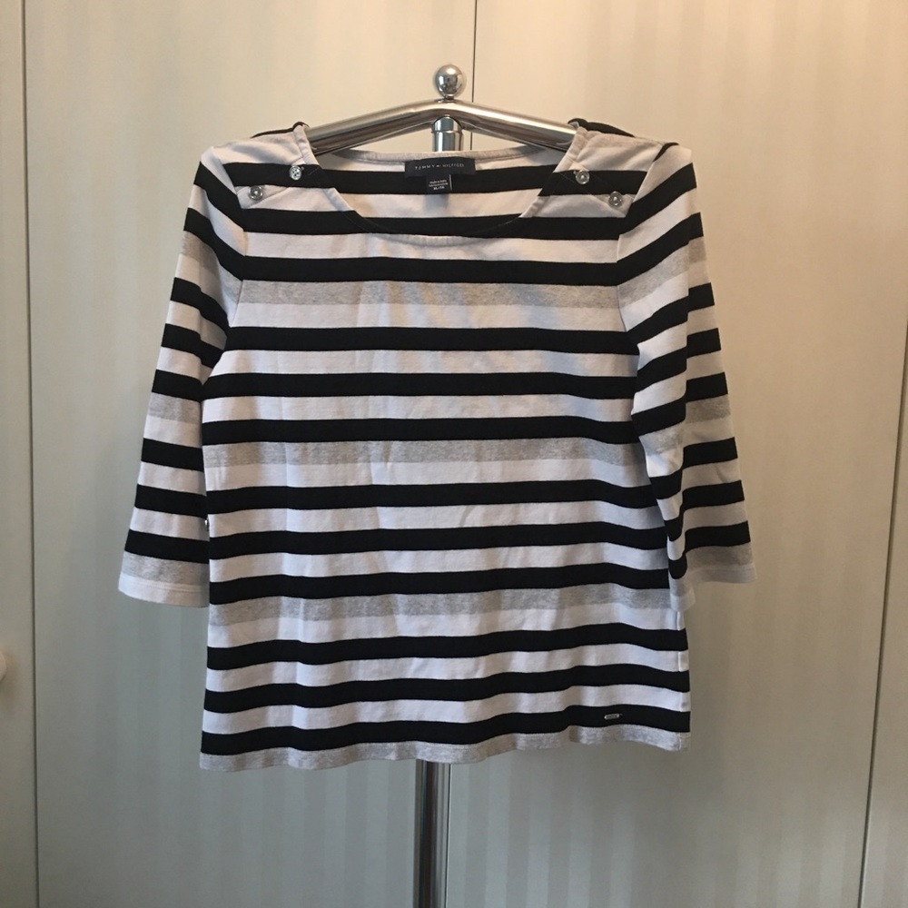 Tommy Hilfiger white black gray striped sweater buttons Size XL